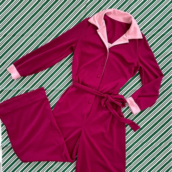 Vintage 1970s Viva Magenta Long-Sleeve Jumpsuit with Light Pink Collar // 70s wide leg pantsuit