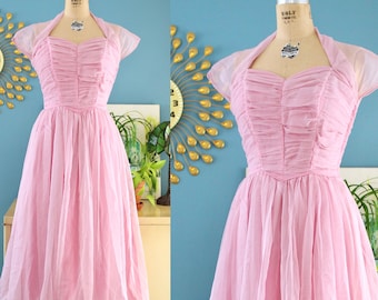 Vintage 1950s Party Dress // 50s "Emma Domb" pink tulle sweetheart formal gown // M
