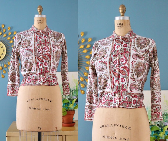 Vintage 1950s Sweater // 50s paisley and floral-p… - image 1