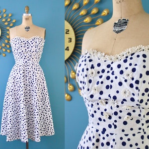 Vintage 1950s White and Navy Blue Polka Dot Strapless Dress with 3D Flowers // 50s fit and flare dress