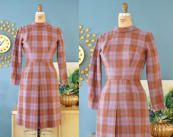 Vintage 1960s Dress // 60s brown/purple/pink wool plaid sheath dress with high neck and long sleeves // XS