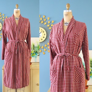Vintage 1950s Red Plaid Cotton Robe // 50s loungewear