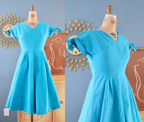 Vintage 1950s Bright Turquoise Blue Fit-and-Flare… - image 1