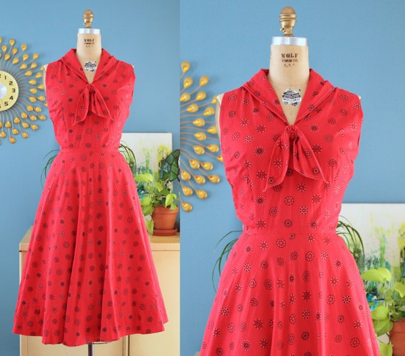 Vintage 1950s Dress // 50s red cotton fit and fla… - image 1