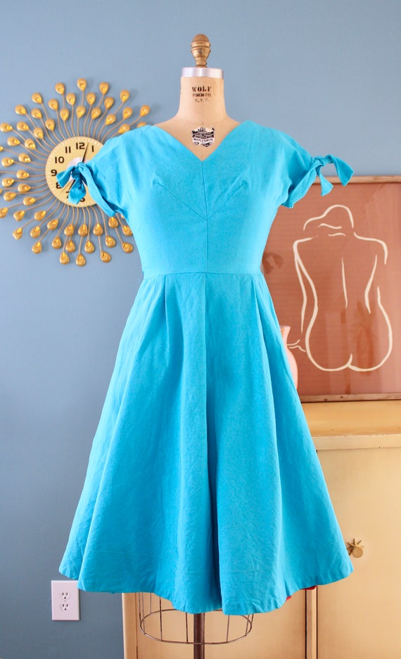 Vintage 1950s Bright Turquoise Blue Fit-and-Flare… - image 9