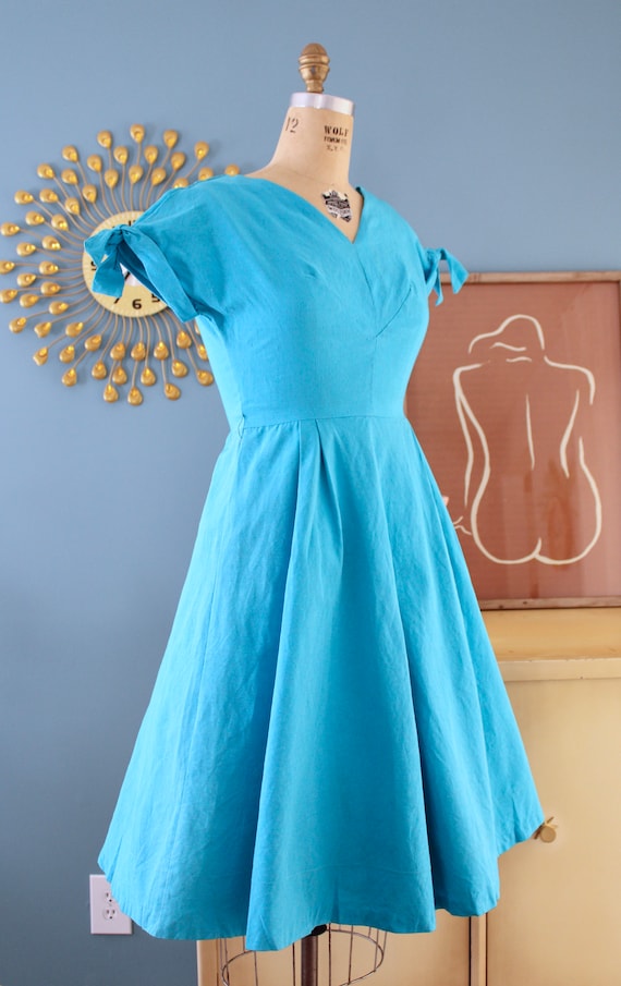 Vintage 1950s Bright Turquoise Blue Fit-and-Flare… - image 2