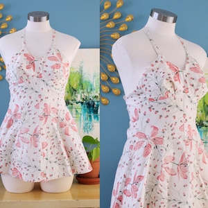 Vintage 1930s White and Pink Floral Skirted Swimsuit // 30s playsuit