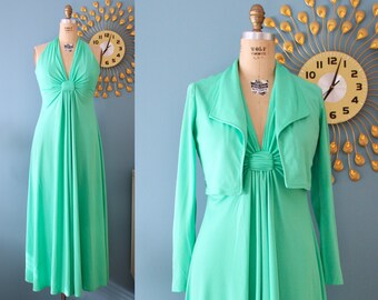 Vintage 1970s Sleeveless Green Maxi Disco Halter Dress with Matching Cropped Jacket // 70s 2pc. set