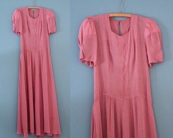 Vintage 1940s Raspberry Pink Semi-Sheer Gown with Puffed Sleeves // 40s full-length dress with scalloped detail