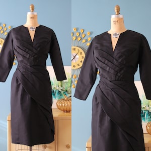 Vintage 1950s/1960s Dress // 50s/60s &quot;Robert Morton&quot; black pleated sheath cocktail dress with 3/4 sleeves // 50s/60s party dress // M/L