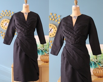 Vintage 1950s/1960s Dress // 50s/60s &quot;Robert Morton&quot; black pleated sheath cocktail dress with 3/4 sleeves // 50s/60s party dress // M/L