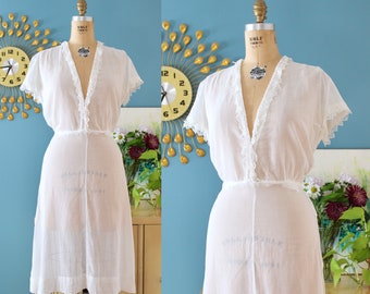 Vintage 1930s Dress // 30s sheer white cotton sundress with lace deep-V neckline // M