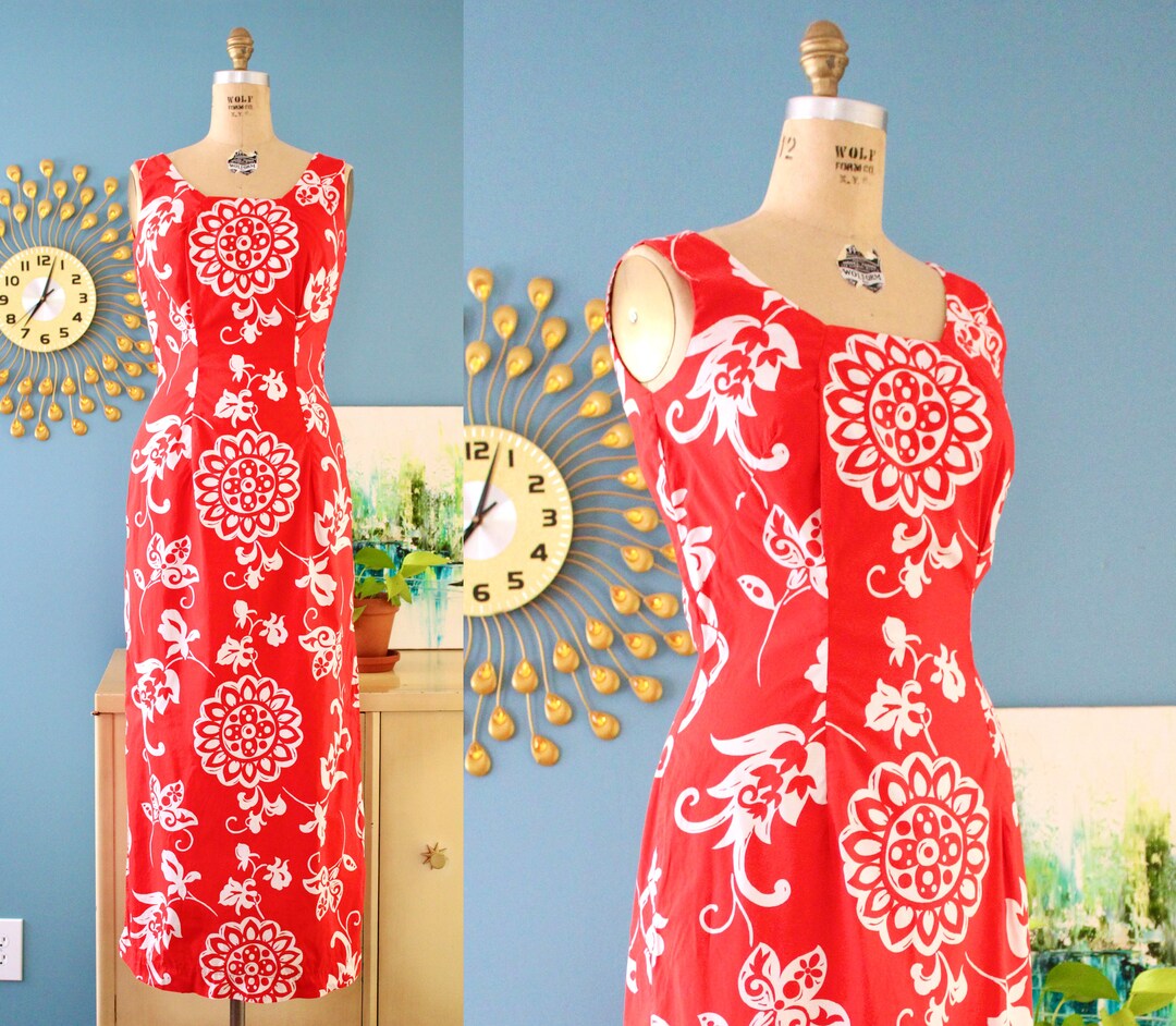 Vintage 1960s Red Hawaiian Cotton Dress With Large Side Slits // 60s ...