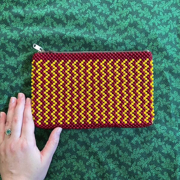Vintage 1940s Yellow and Dark Magenta Plastic Zig-zag Bead Clutch // 40s purse AS-IS