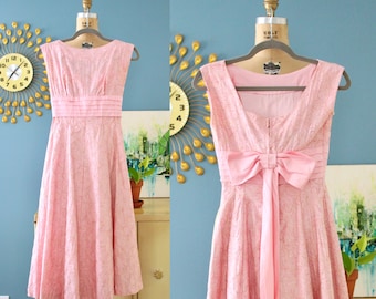 Vintage 1950s Pink Metallic Embroidered Fit-and-Flare Party Dress with Big Bow // sparkly 50s dress