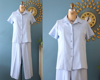 Vintage 1970s Blue/White Striped 2pc. Collared Shirt and Wide-Leg Pants Set // 70s pantsuit