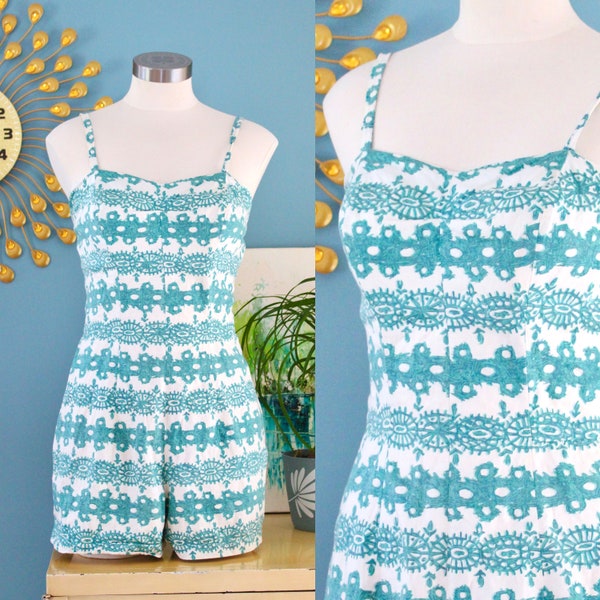 Vintage 1950s Playsuit // 50s "Rose Marie Reid" cotton turquoise blue and white swimsuit sun outfit romper // S/M