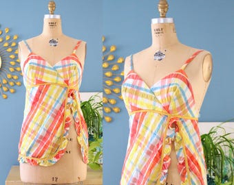 Vintage 1960s Top // 60s rainbow plaid swimsuit or tank top with ruffles // y2k style // S