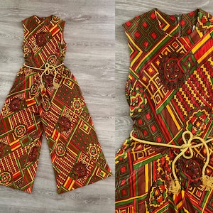 Vintage 1960s Geometric Psychedelic Hostess Palazzo Jumpsuit // 60s gold green red wide leg sleeveless mod pantsuit