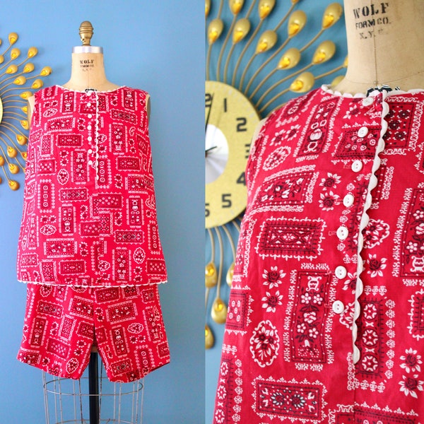 Vintage 1960s Red Bandana Print 2pc. Maternity Playsuit Set // 1960s matching cotton top and shorts