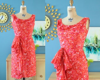 Vintage 1950s Pink/Red/Orange Watercolor Floral Silk Sheath Dress with Hip Swag // 50s tropical wiggle dress side swag