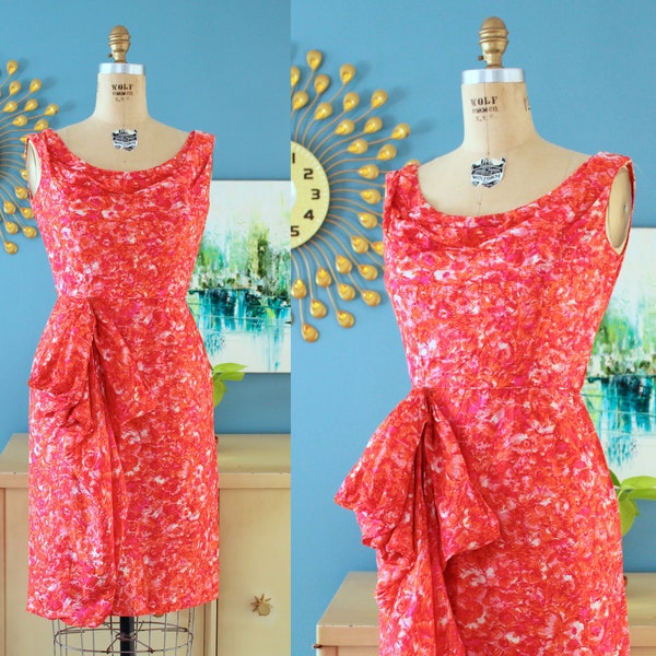 Vintage 1950s Pink/Red/Orange Watercolor Floral Silk Sheath Dress with Hip Swag // 50s tropical wiggle dress side swag