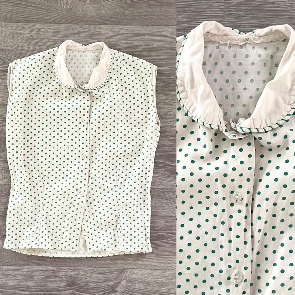 Vintage 1950s Blouse // 50s white cotton sleeveless top with green polka-dots and Peter Pan collar // S