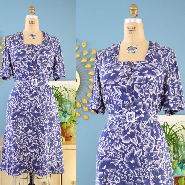 Vintage 1940s Dress // 40s navy hibiscus floral cold rayon Hawaiian dress with matching belt // XL