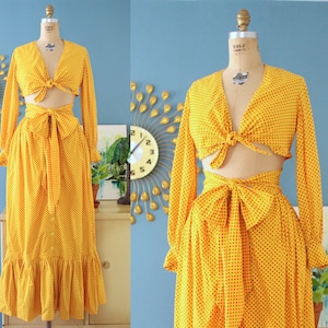 Vintage 1960s/1970s Marigold Yellow Floral 2pc. Set with Cropped Top and Maxi Skirt // 60s/70s cotton red floral boho woodstock dress set