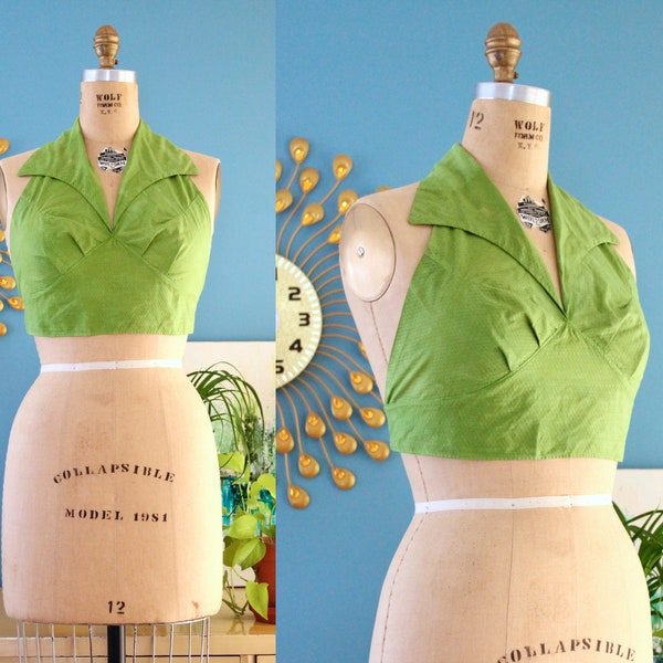 Vintage 1950s Halter Top // 50s lime green cotton crop sun top with winged collar // S/M