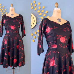 Vintage 1950s &quot;R&K Originals&quot; Red Rose Black Fit-and-Flare Dress // 50s floral holiday cocktail dress