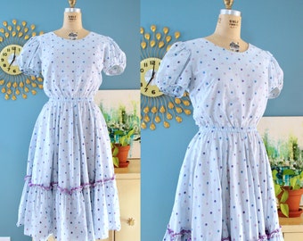 Vintage 1970s does 1950s Dress // 70s does 50s circle skirt cotton patio dress with full skirt, puffed sleeves, and embroidered dots // M