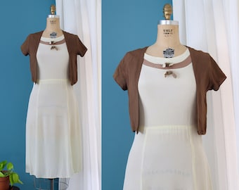 Vintage 1930s Cream & Brown Rayon Dress and Bolero 2pc. Set // 30s semi-sheer dress and jacket