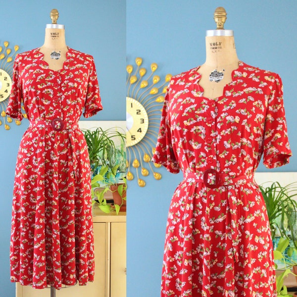 RESERVED UNTIL 5/9 // Vintage 1940s Dress // 40s red floral cold rayon dress with scalloped neckline and matching belt // M