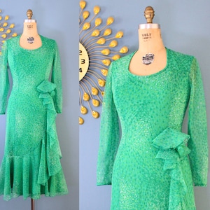 Vintage 1970s Green Midi Dress with Waterfall Ruffle // 70s does 30s long sleeve dress