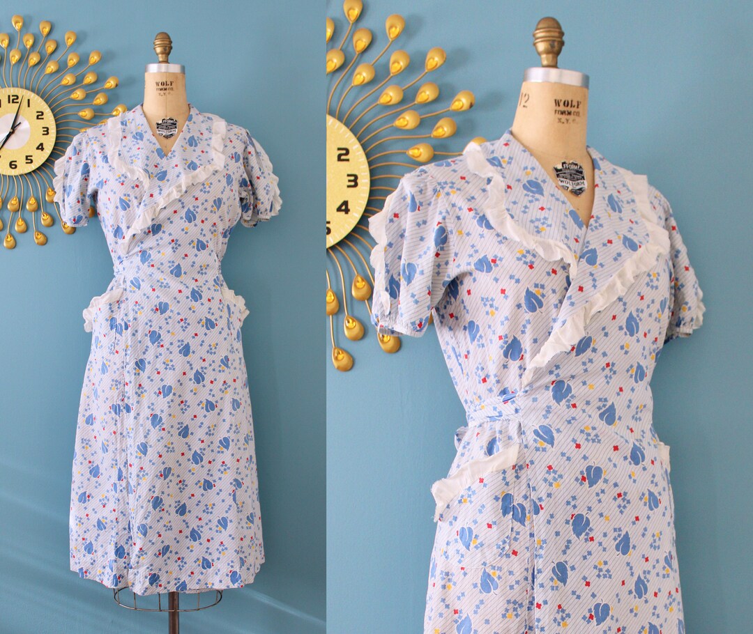 Vintage 1930s Leaf Novelty Print Cotton Wrap Dress // 30s Blue Day