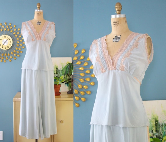 Vintage 1930s/1940s Blue Rayon 2pc. Pajama Set wi… - image 1