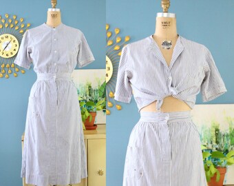 Vintage 1940s Workwear Set // 40s cotton striped blouse and skirt 2pc. set