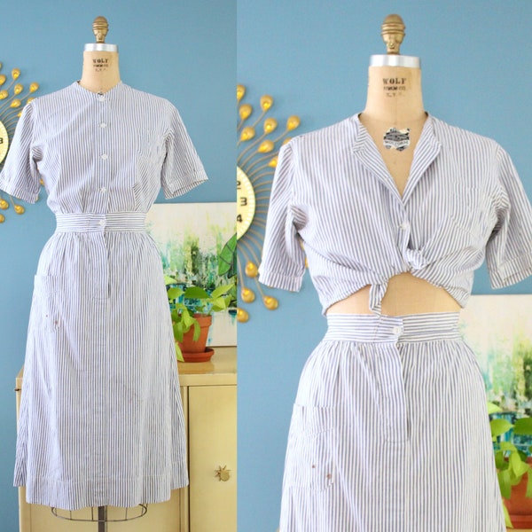 Vintage 1940s Workwear Set // 40s cotton striped blouse and skirt 2pc. set