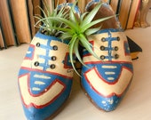 Unique Red and Blue Painted Wooden Shoes Souvenir Holland Dutch Netherlands Decor Vintage Antique Pair 1940s Wingtips Clogs Red Blue Carved