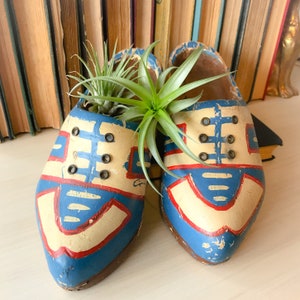 Unique Red and Blue Painted Wooden Shoes Souvenir Holland Dutch Netherlands Decor Vintage Antique Pair 1940s Wingtips Clogs Red Blue Carved