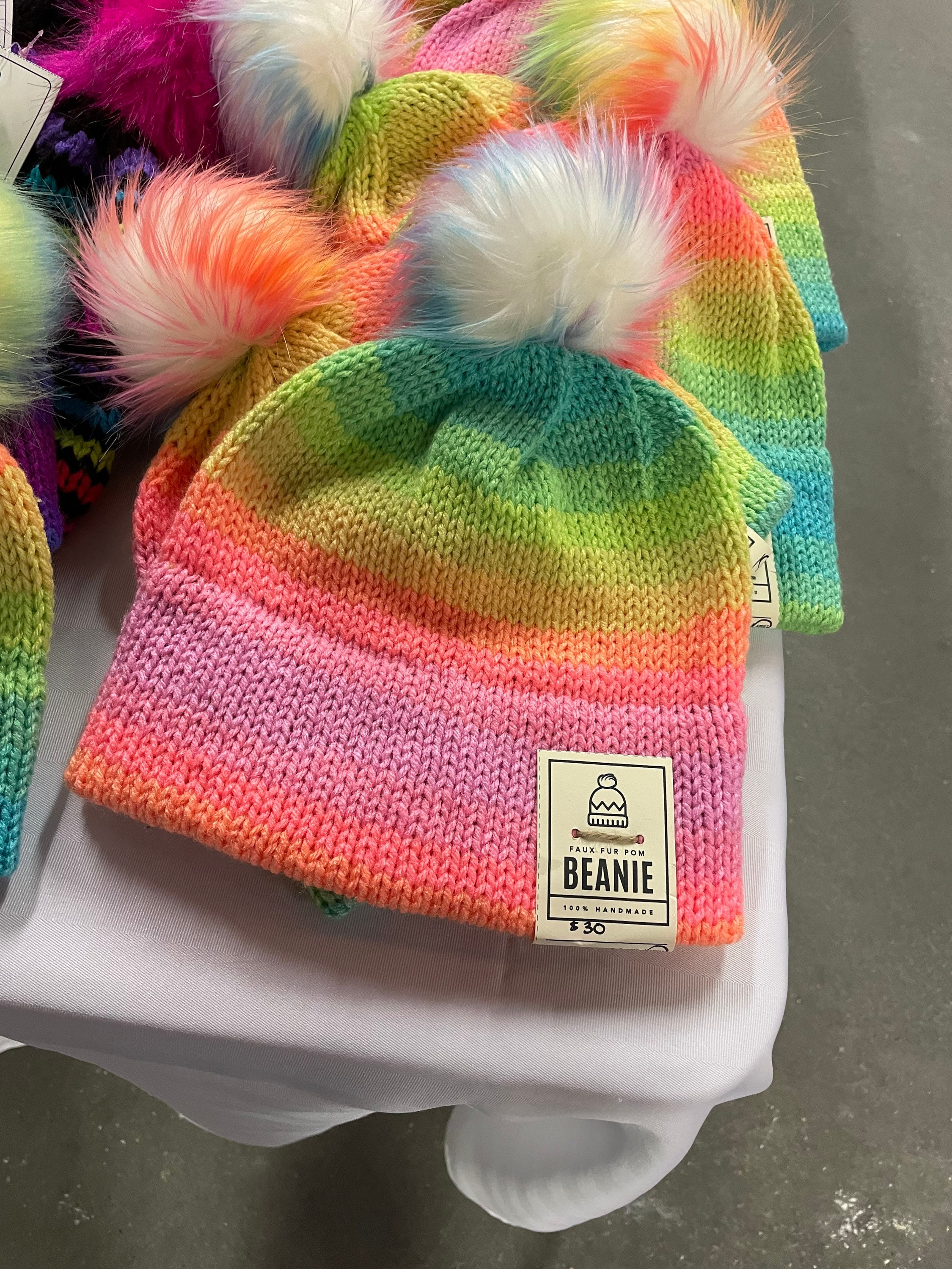 Rainbow Neon Faux Fur Pom Pom Hat - Etsy