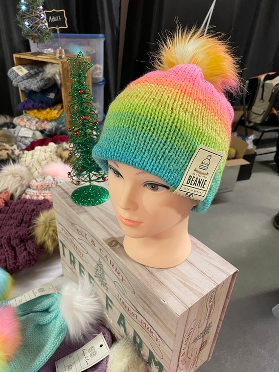 Rainbow Neon Faux Fur Pom Pom Hat - Etsy display picture 1