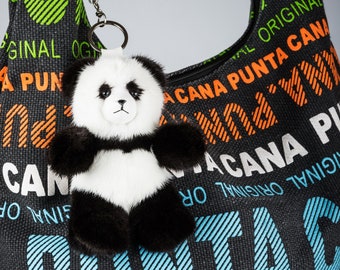 Panda Bear Keychain with Strap, White and Black Real Fur Panda Bear, Fluffy Charm for Purse, Personalized Gift, Handmade Natural Fur Bear