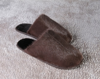 Pinkish Gray Real Fur Slippers, Man 11US, Last Pair, Outsole for Home, Free Delivery Worldwide, READY TO SHIPPING