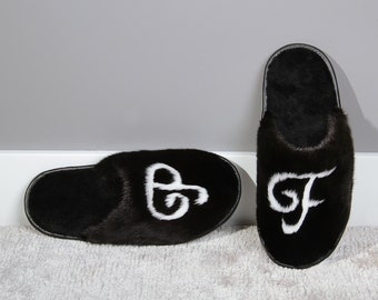 Fur Slippers for Men Personalized, Mink Slippers with Monogram, Genuine Mink Fur and Natural Leather, All Letters Available, Free Delivery