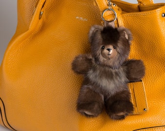 Bear Keychain, Brown Real Fur Bear with sable breasts, Cute Small Bear Collector, Fur Bag Charm, Teddy Bear of Natural Mink, Free Shipping