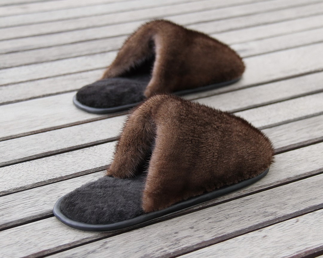 Pantofole in vera pelliccia di visone marrone da donna, scarpe da