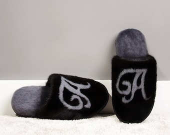 Men Fur Slippers with Monogram, Custom personalized slides: All Lettes, Black and Gray Real Mink, Indoor or Outdoor Shoes, Unique Cozy Gift