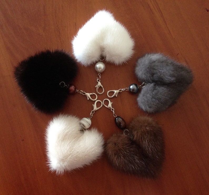 Love Purse Charm with Beads Memory Pendant of Real Beige Mink Fur Keychain Heart
